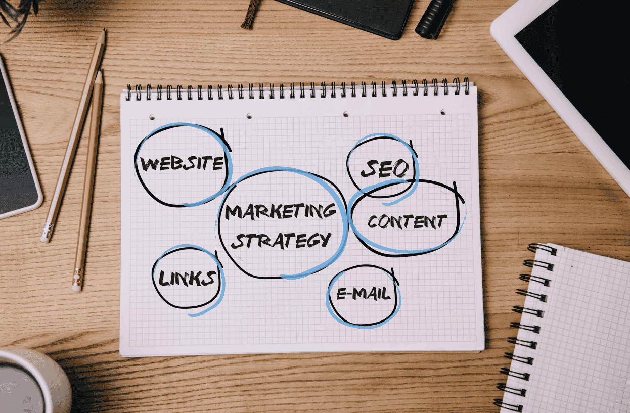 a vista de cima de um caderno mostrando alguns termos de marketing interligados